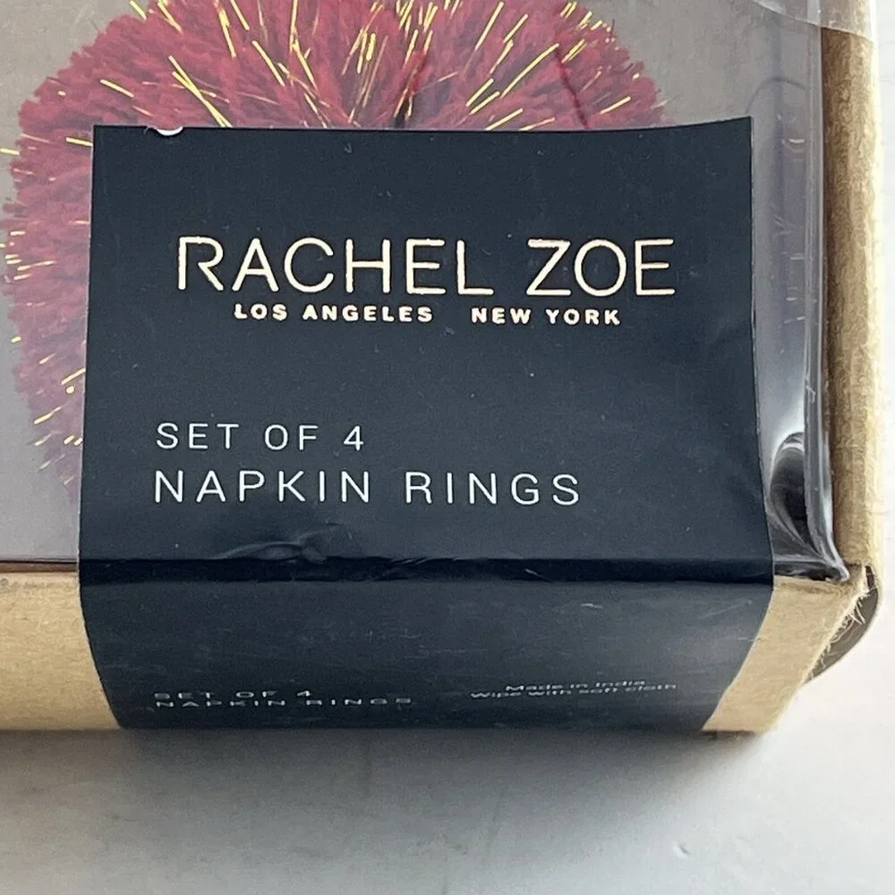 Rachel Zoe Holiday Napkin Rings Red Pom Pom Gold Metallic Threads‎ Set Of 4